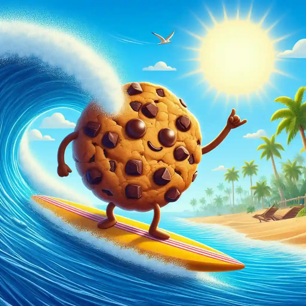 Una cookie surfeando una ola junto a una playa con palmeras.